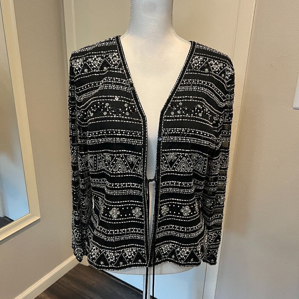 Jovani New York 100% Silk Black Beaded Formal Jacket with tie front, Size M/L?